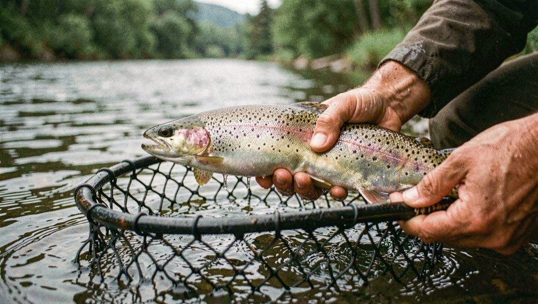 Rainbow trout held horizontally over a rubber net in the river with wet hands hovering just above the surface ready to release