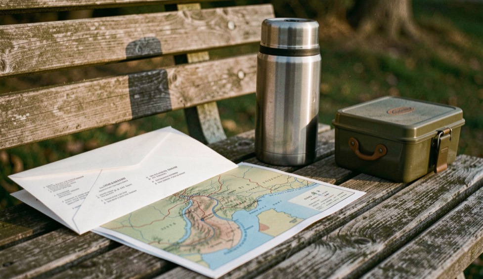 Envelope and a river map resting on a wooden bench beside a thermos and a closed fly box in late afternoon light