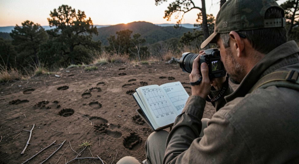Hunter photographing a trail camera card beside an oak ridge at dusk with a notebook open to a month grid and fresh tracks in the dirt