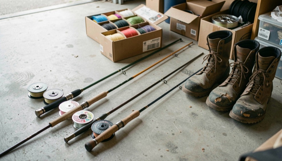 Three fly rods assembled in a row on a garage floor beside reels, fly lines in boxes and a pair of broken in wading boots