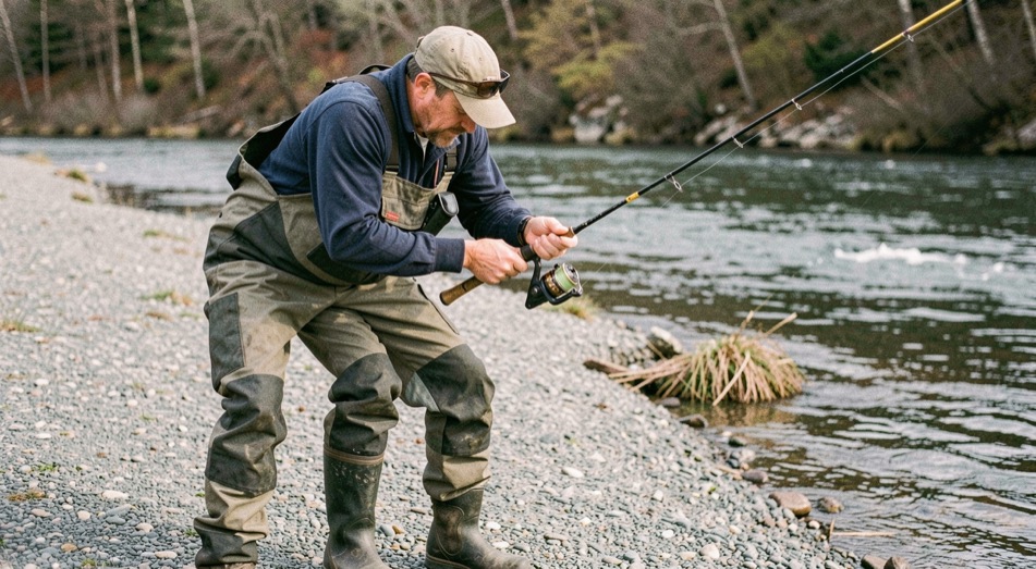 Instructor standing beside a new angler on a gravel bar demonstrating a short line mend with the current folding around both sets of waders
