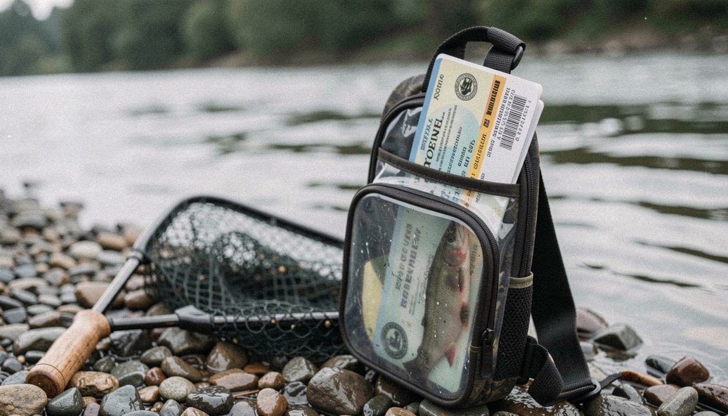 Folded fishing license tucked into a clear chest pack sleeve above a river landing with a net handle and wet gravel below