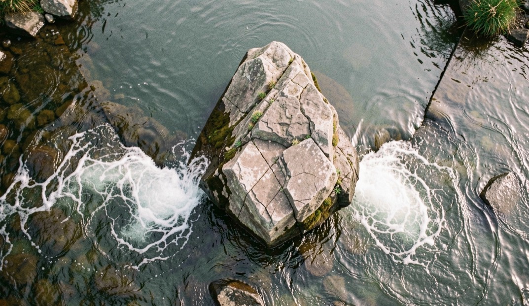 Overhead view of a boulder breaking river current into a V shaped seam with calm pocket water holding behind the rock