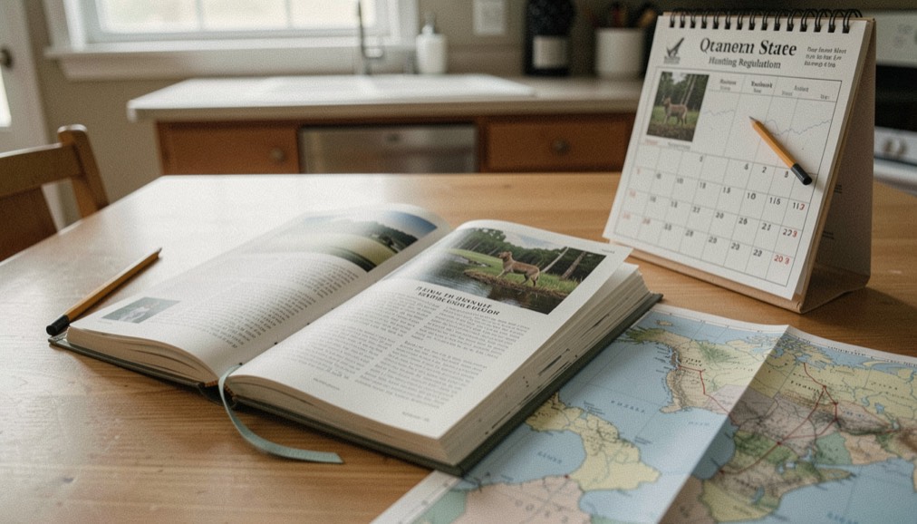 Open state hunting regulation booklet with a paper calendar beside it, a pencil marking a window and a folded unit map on a kitchen table