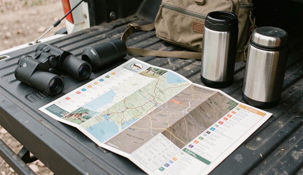Laminated hunting season calendar spread on a tailgate beside binoculars, a paper map folded to a wildlife management unit and a thermos