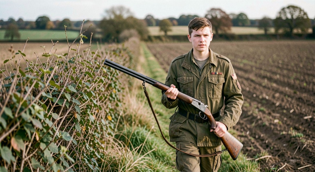 Young hunter walking a hedgerow at the edge of a cut field with a well used small gauge shotgun broken open over one arm