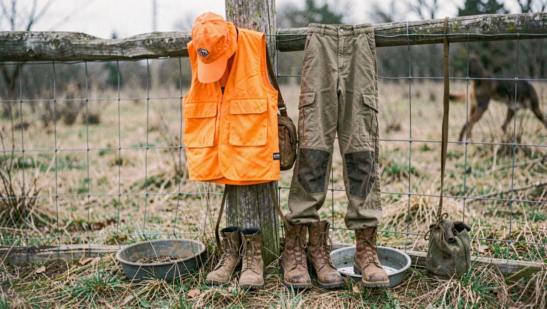 Blaze orange vest and cap hung on a fence post beside brush pants, lace up boots, a shell bag and a water bowl for a hunting dog