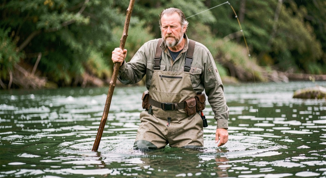 Angler leaning on a wading staff mid river with a wading belt cinched over chest waders in green water pushing past at thigh depth