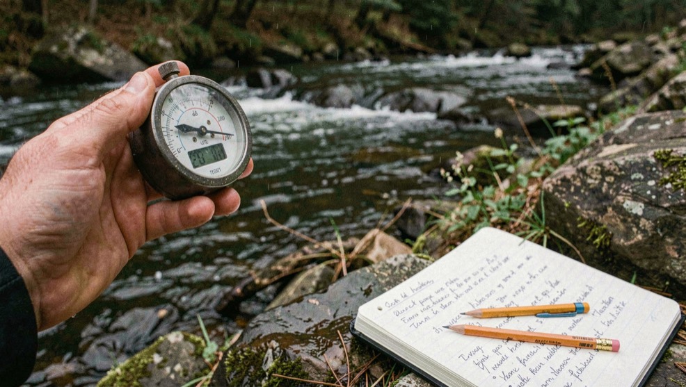 Stream thermometer reading cool river temperature held above a slow pool beside a wet notebook with pencil notes on the bank