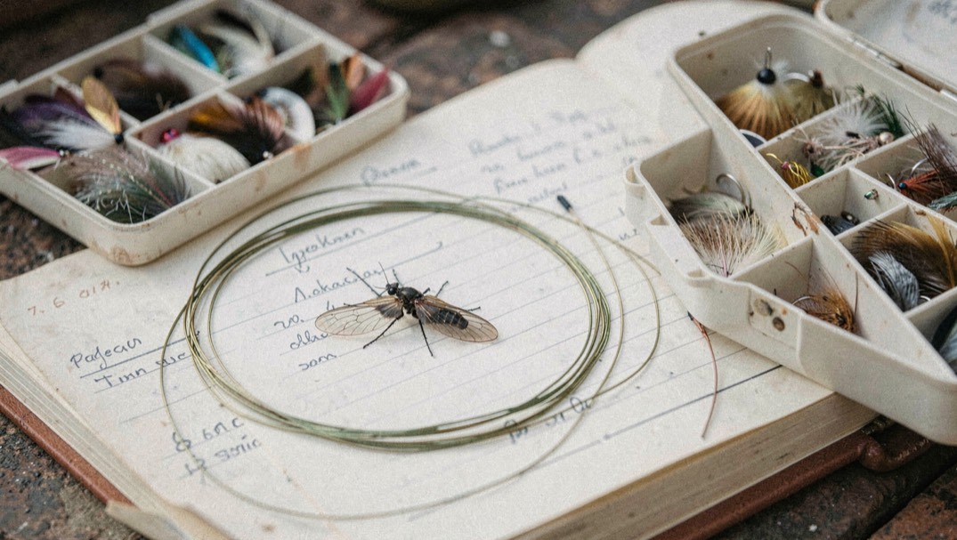 A quarter sheet of cotton watercolor paper taped to a tilted board on a wooden table, one horizontal blue wash still glossy, a loaded round brush resting on a ceramic palette beside it, soft north light from a window.