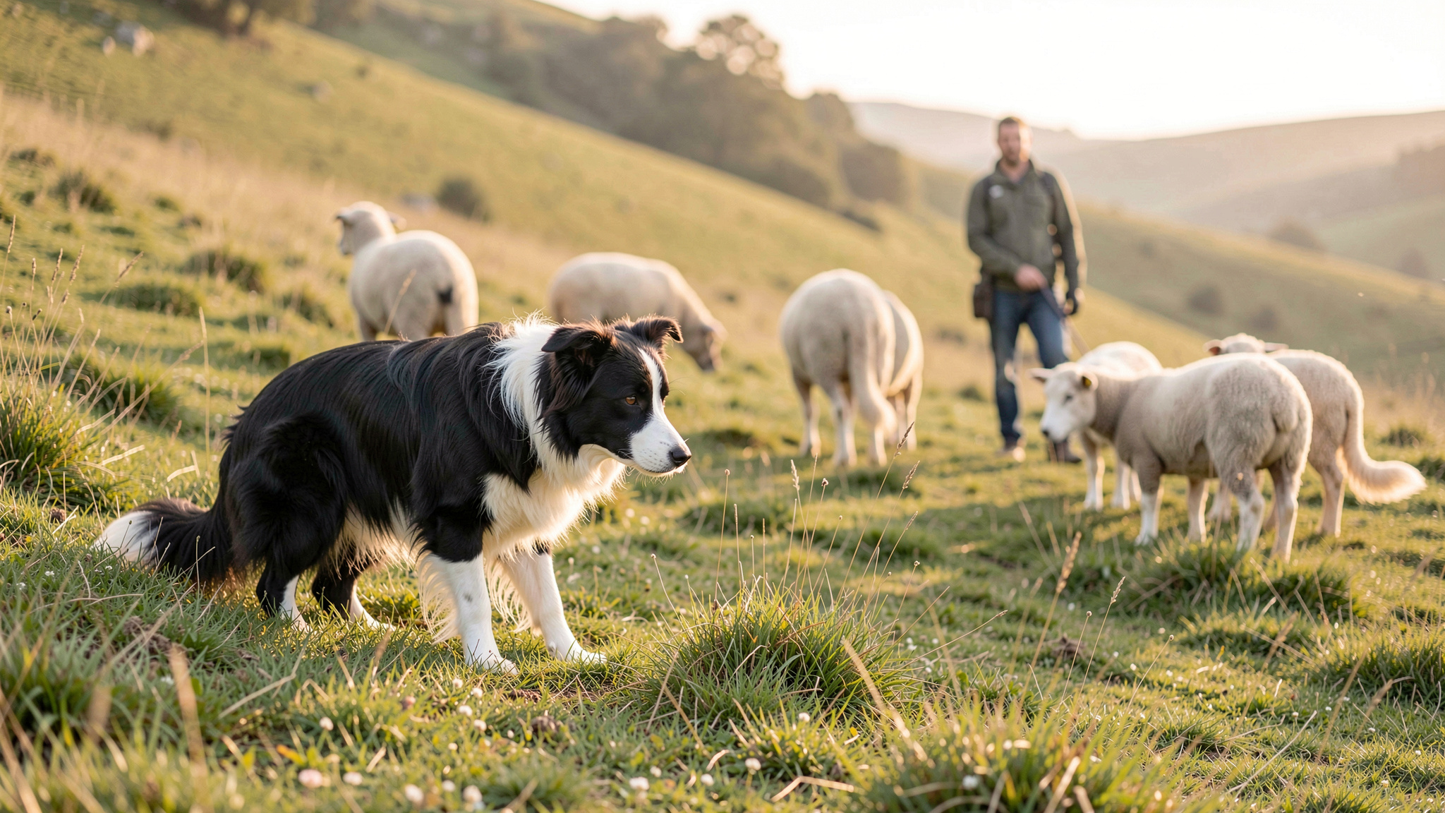 A border collie crouched low on a grassy hillside, eyes fixed on a small group of sheep, with a handler standing far behind in soft late afternoon light